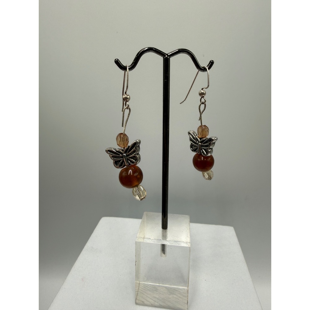 Vintage Butterfly Dangle Earrings Amber Tone Beaded Silver Tone Nature Jewelry